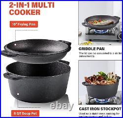 2 in 1 Cookware Set Cast Iron Dutch Oven Pot 5 Qt with 10 Inch Skillet Lid Use o
