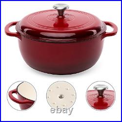 6 Quart Large Red Enamel Cast-Iron Dutch Oven Kitchen Cookware