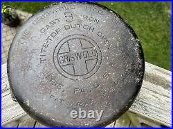 Antique Old Vtg HEAVY Griswold USA Cast Iron No. 9 Tite Top Dutch Oven WithHandle