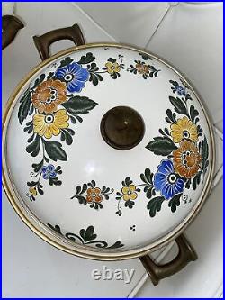 Asta Enamelware Dutch Oven Floral Pot Cookware Pair Lid Brass Handles Germany