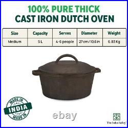 Pre-Seasoned Cast Iron Dutch Oven with Lid 5L, Non Stick 27cm