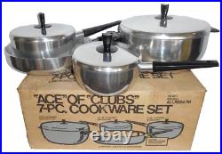 RARE Vtg NOS ACE of CLUBS 7 Pc Aluminum Cookware Dutch Oven Sauce Fry Pans MCM
