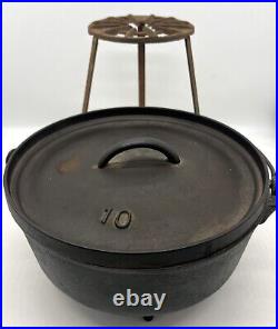 Vintage Cast Iron #10 Camp/ Dutch Oven With 9 inch Stand -Pre 1960 Ships FAST
